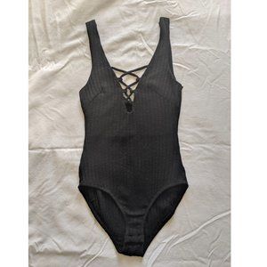 LF Stores - rumor boutique - black lace up front bodysuit - size S